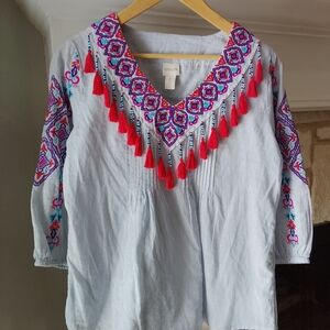 Chicos Embroidered Tassel Women's Boho Top